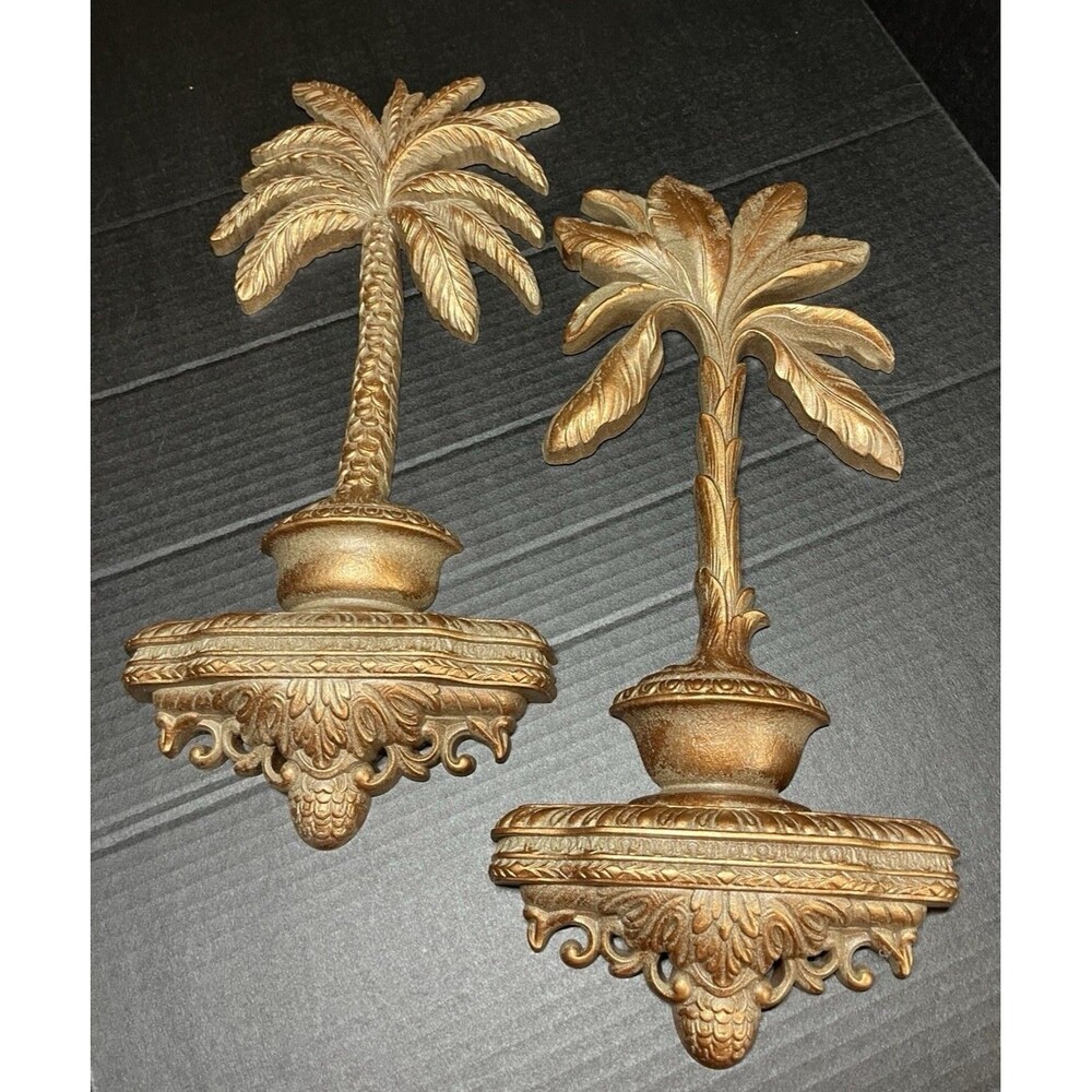 Vintage Home Interiors Set of 2 Decorative Gold Palm Tree Wall Plaques #5221